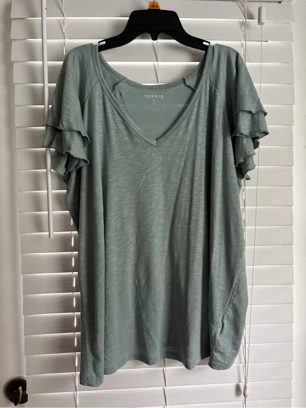 torrid sage green V-neck top with layered flutter sleeves